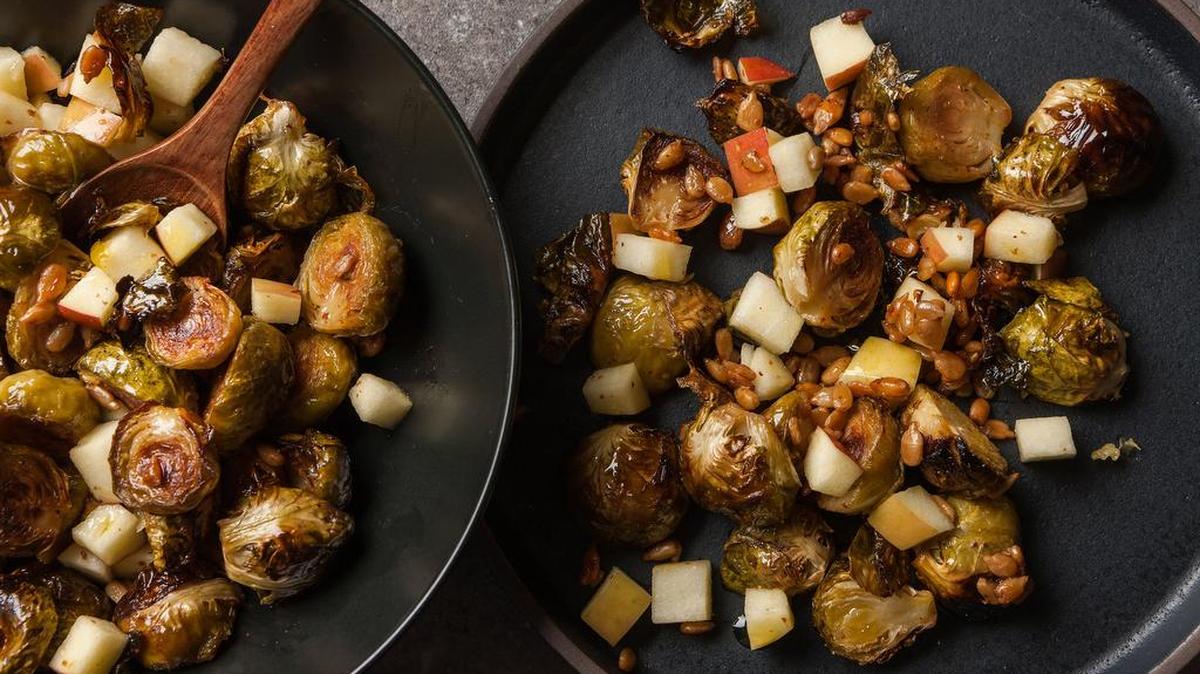 Roasted Brussels Sprouts With Apple and Sunflower Seeds.