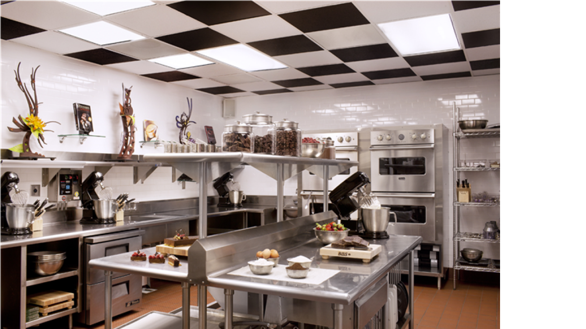 
Cocoa Lab at the Ritz Carlton Charlotte features hands-on baking and pastry classes in a restaurant kitchen setting. 
