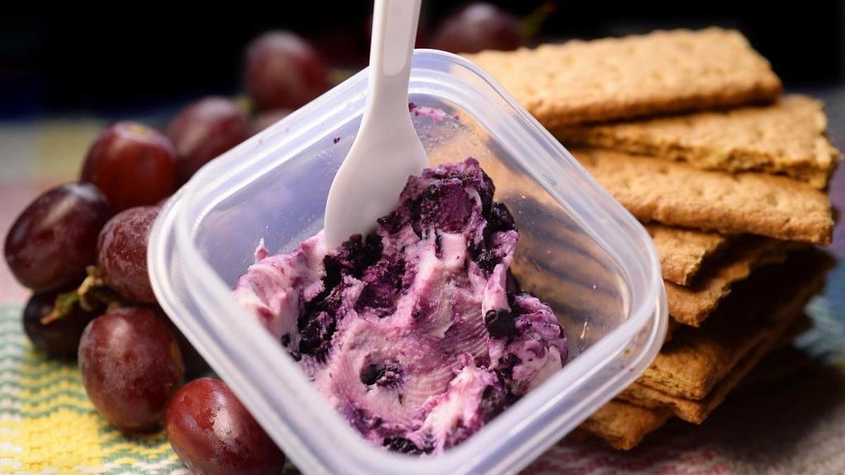 Blueberry and goat cheese: Soften a little goat cheese and blueberry jam in the microwave for 10 seconds, then pack it with graham crackers to spread it on.