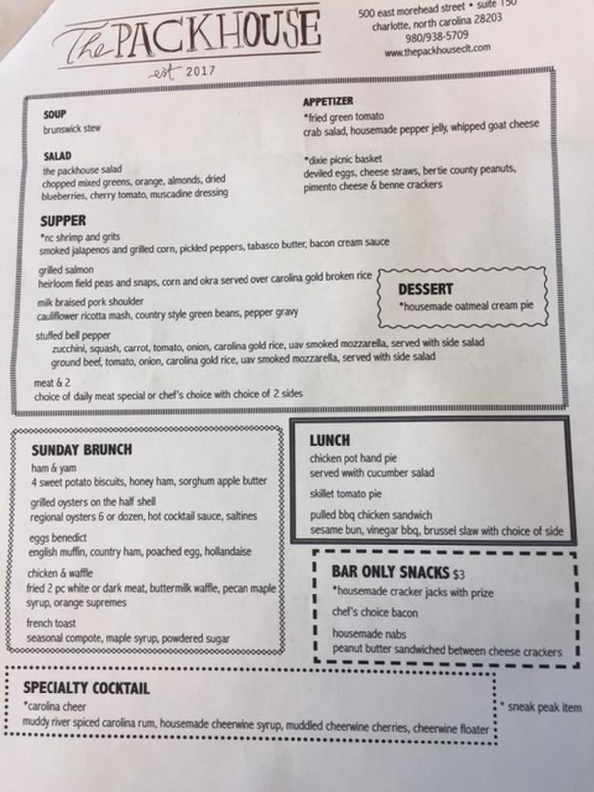 The menu at The Packhouse. Prices are still being set, but they’ll probably be in the same range as The Summit Room.