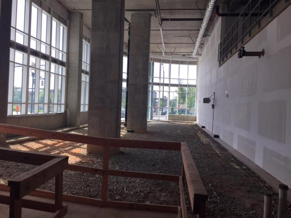 The plan for Haymaker: The opening on the upper right will be a mezzanine stretching to the large pillars in the center, with seating on that level and the lower level. This image is looking from the back of the room where the kitchen will be located.