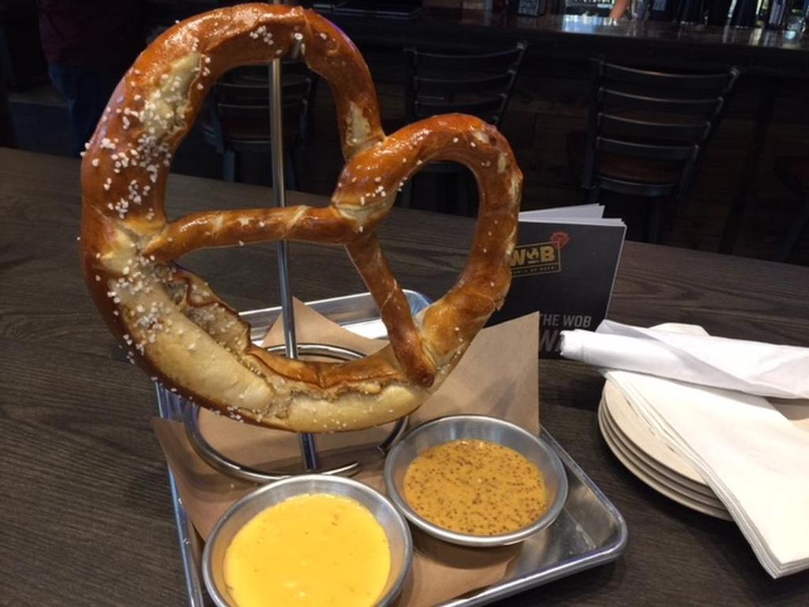 World of Beer’s German-style pretzel is warm, with a soft interior and glazed exterior. You can get it with house mustard, or spring for the beer cheese, being made right now with Lazy Bird Brown.