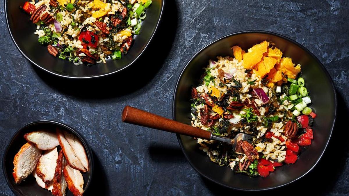 Brown Rice Salad With Crispy Spinach and Pecans.