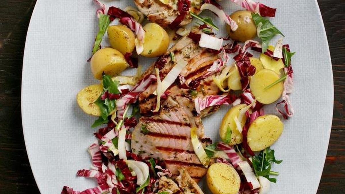 Basil-Grilled Tuna With Bitter Greens.