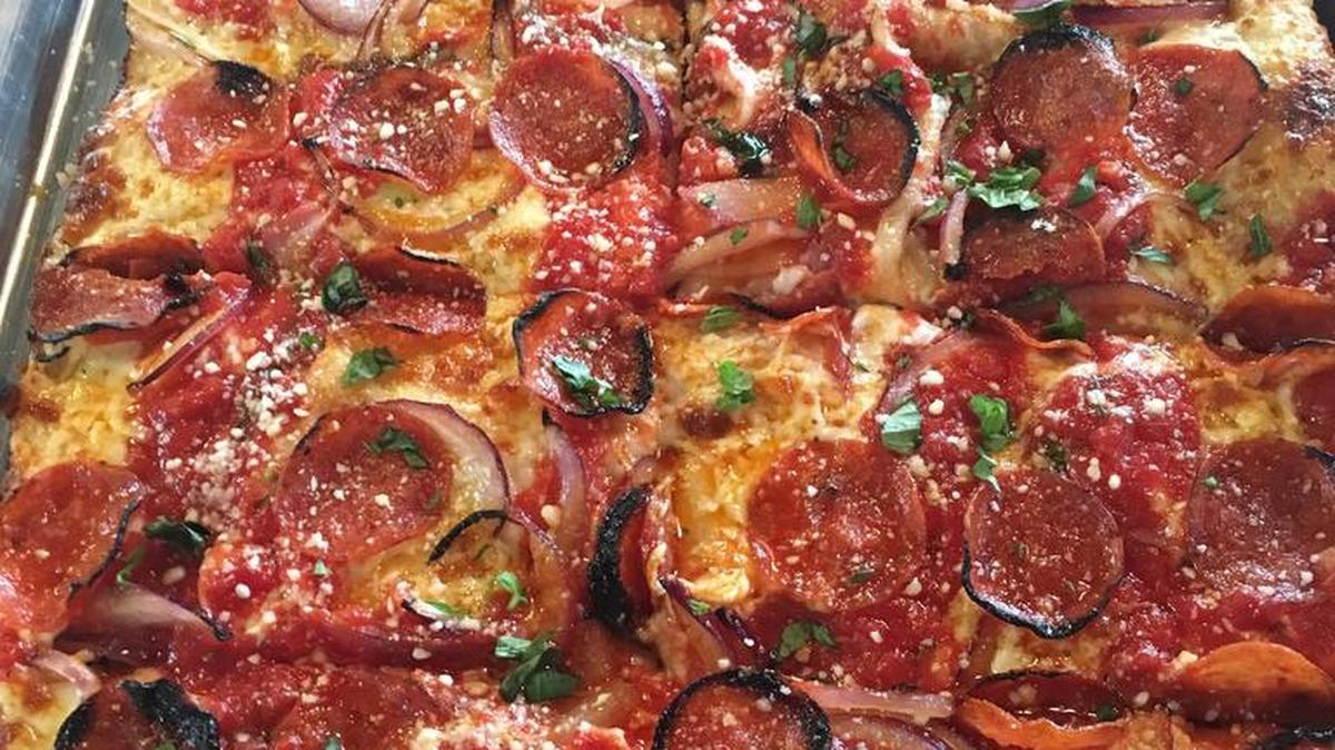 Pizzas at Mandolino’s in Davidson are all “grandma” style, built in rectangles.
