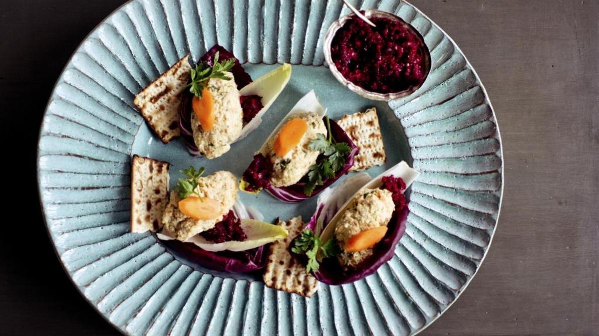 Gefilte fish, simmered in a vegetable court-bouillon.