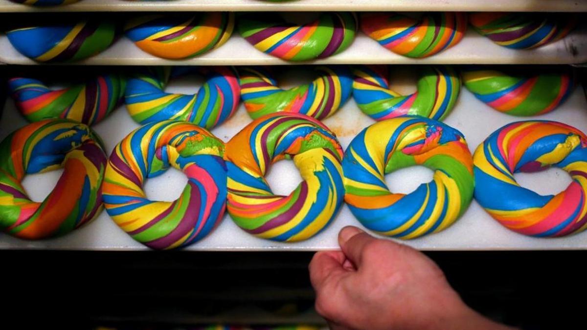 A tray of baked Rainbow Bagels at the Bagel Store in Brooklyn.