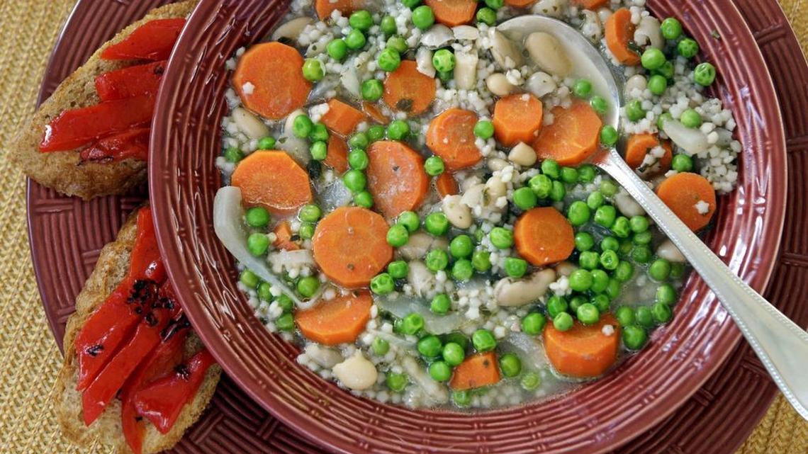 This is a pasta pesto and bean soup with roasted red pepper bruschetta.
