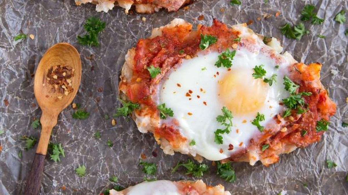 Using an already baked potato makes quick work of a variation of shakshuka, the baked egg dish.