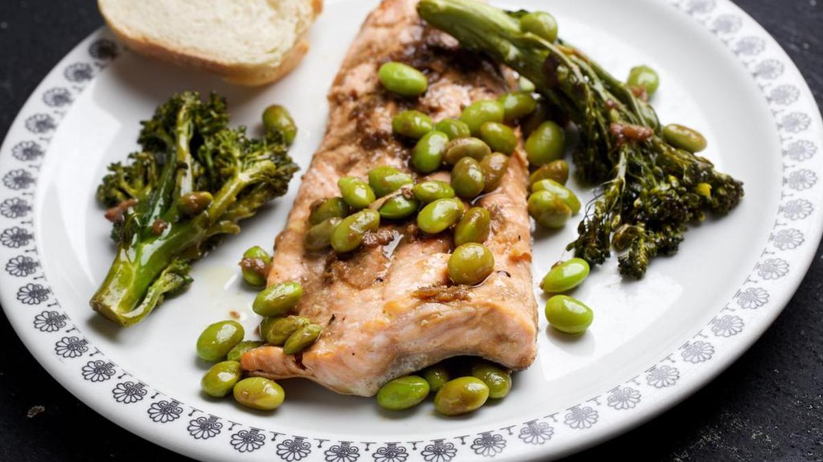 Arctic Char, Broccolini and Edamame With Soy-Ginger Sauce.