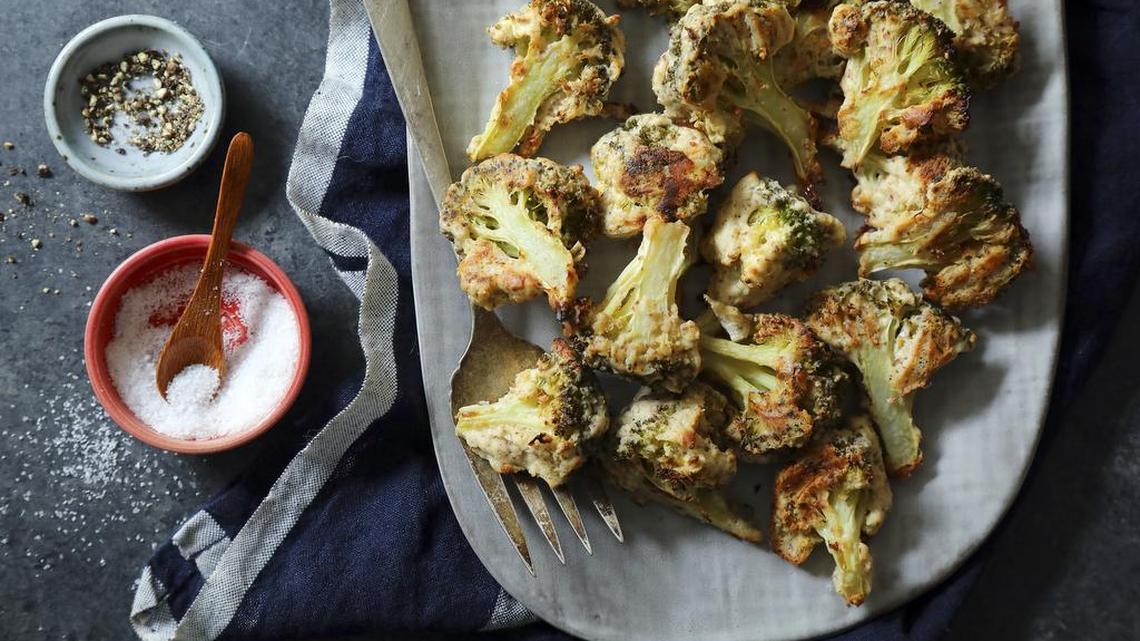 Roasted broccoli with almonds and cardamom from "Fresh India" by Meera Sodha.