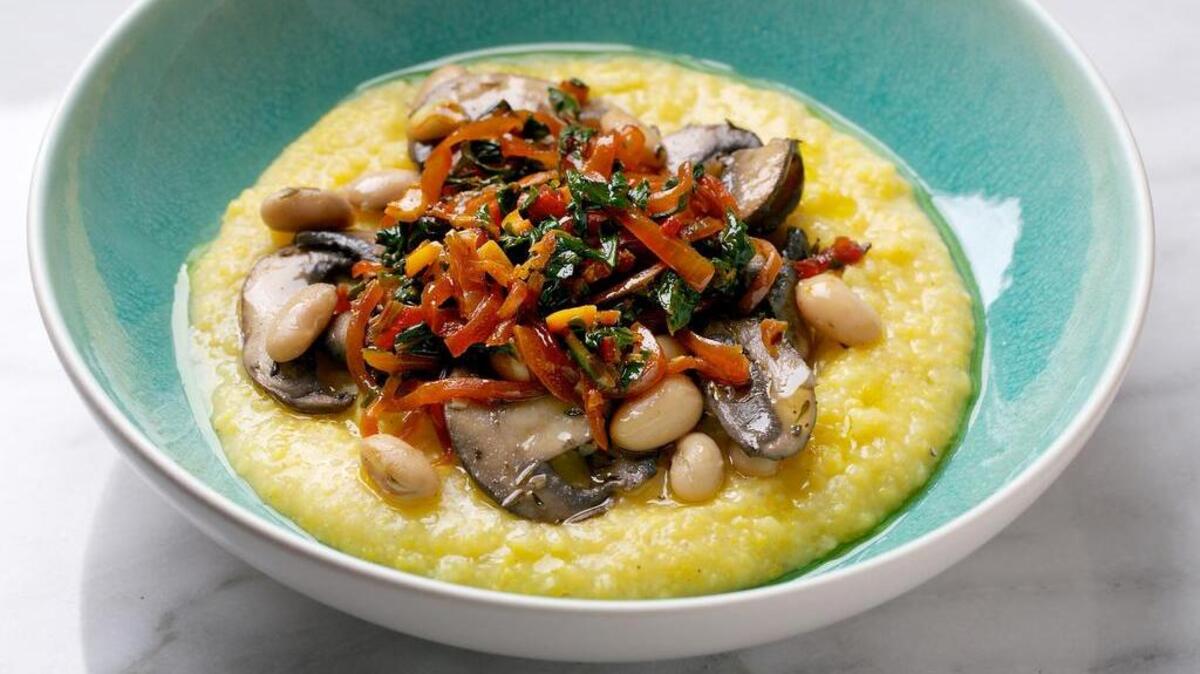 Mushroom Polenta Bowl With Greens and Beans.