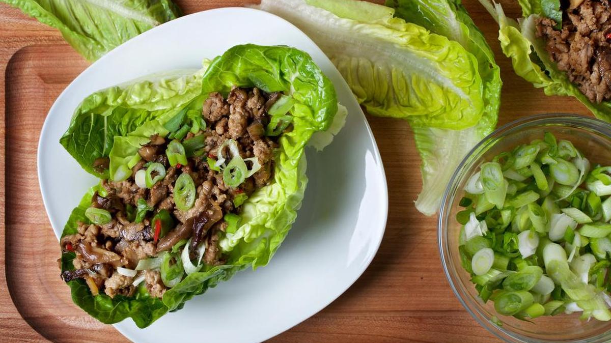 Pork and Mushroom San Choy Bau is just piled into lettuce leaves to serve.