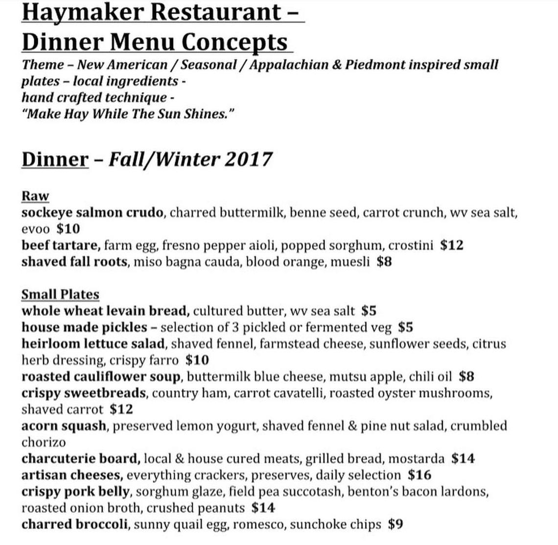 Haymaker’s first draft of the menu