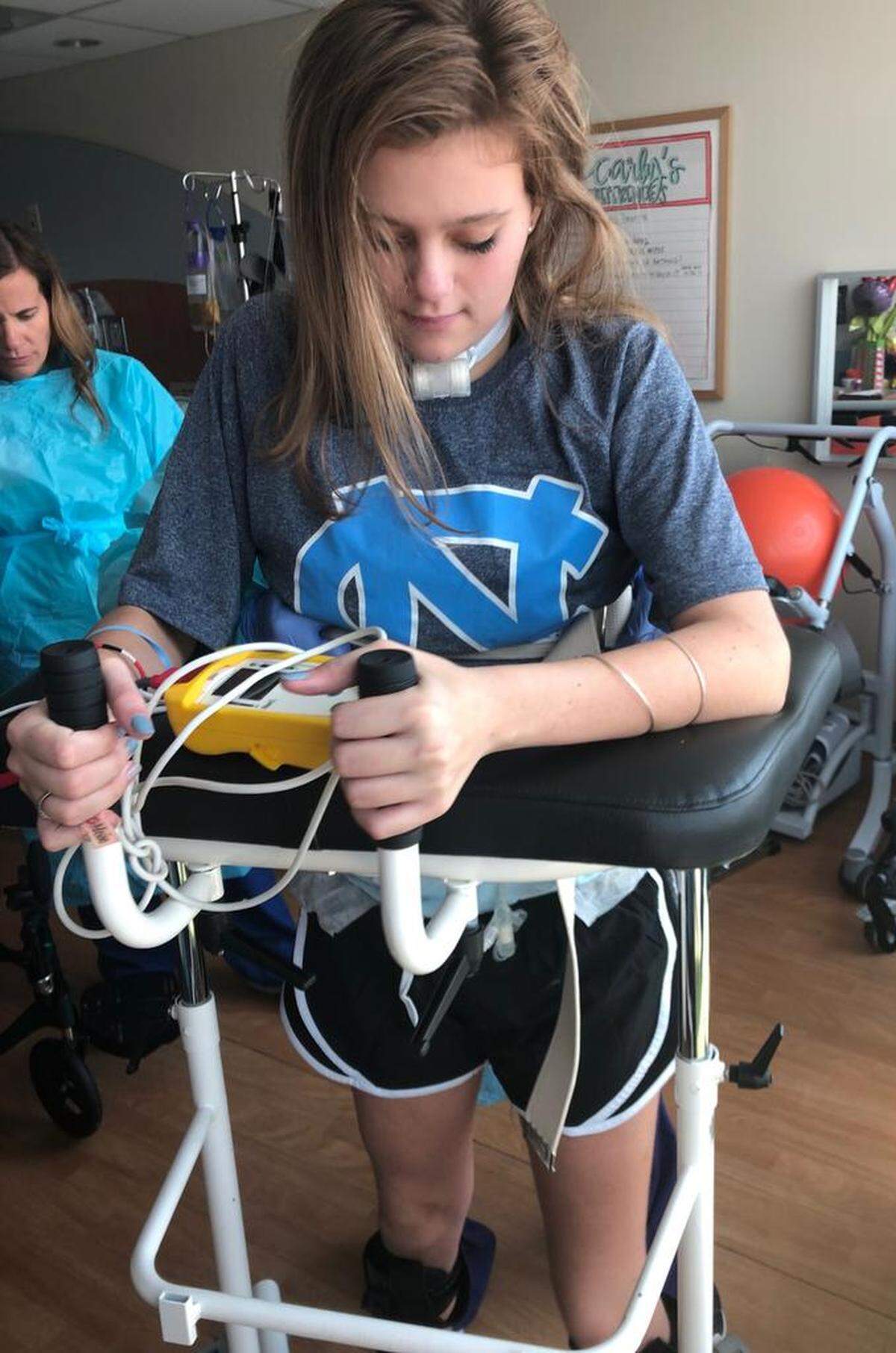 Carly Messer was diagnosed in late May with Guillain-Barré Syndrome, a rare neurological disorder that paralyzed her and prevented her from speaking. In early July, she was able to stand up. She hopes to walk out of the hospital without assistance.