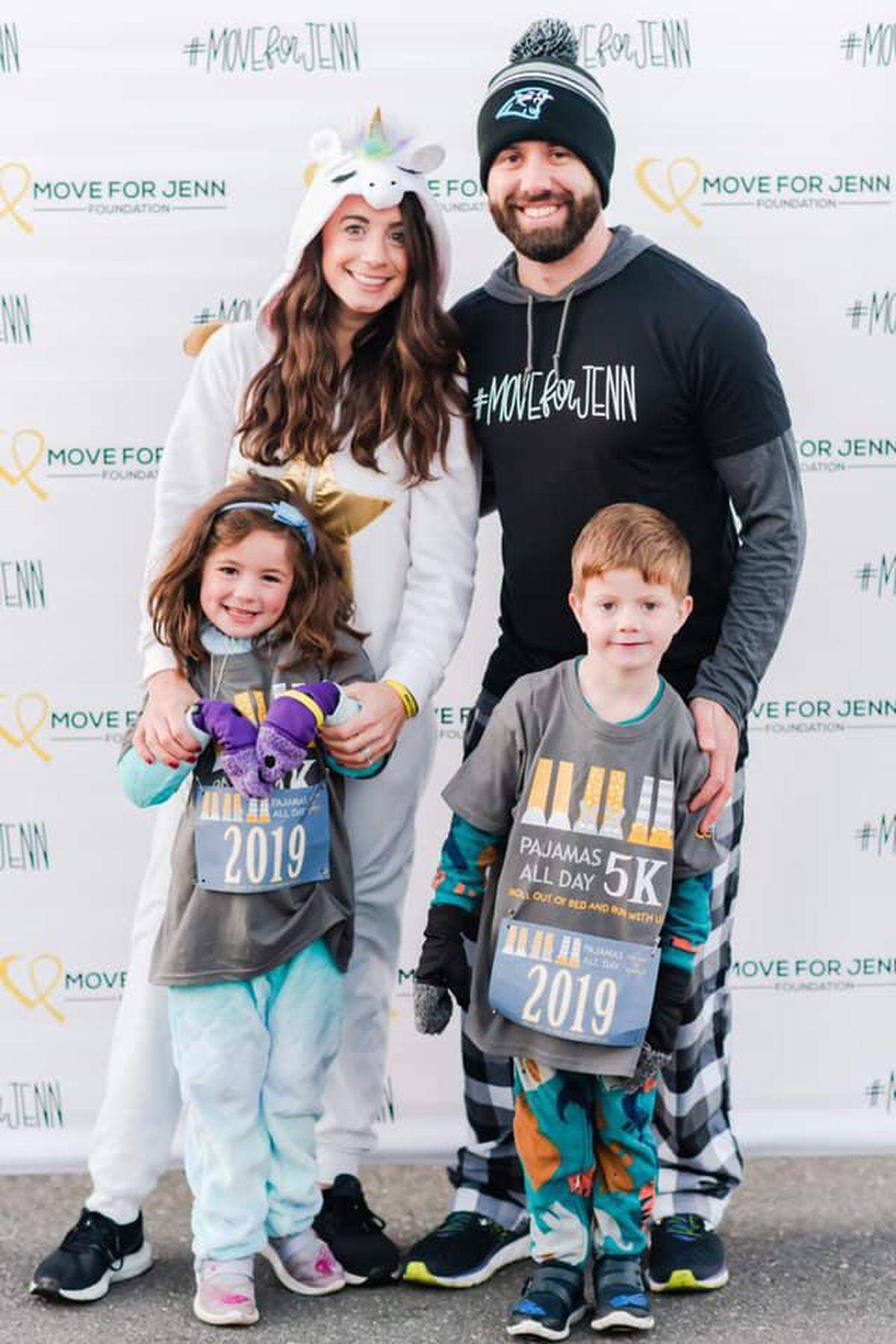 Jenn Andrews, photographed at the Pajamas All Day 5K with her husband Miles, their daughter Hannah and their son Ari.