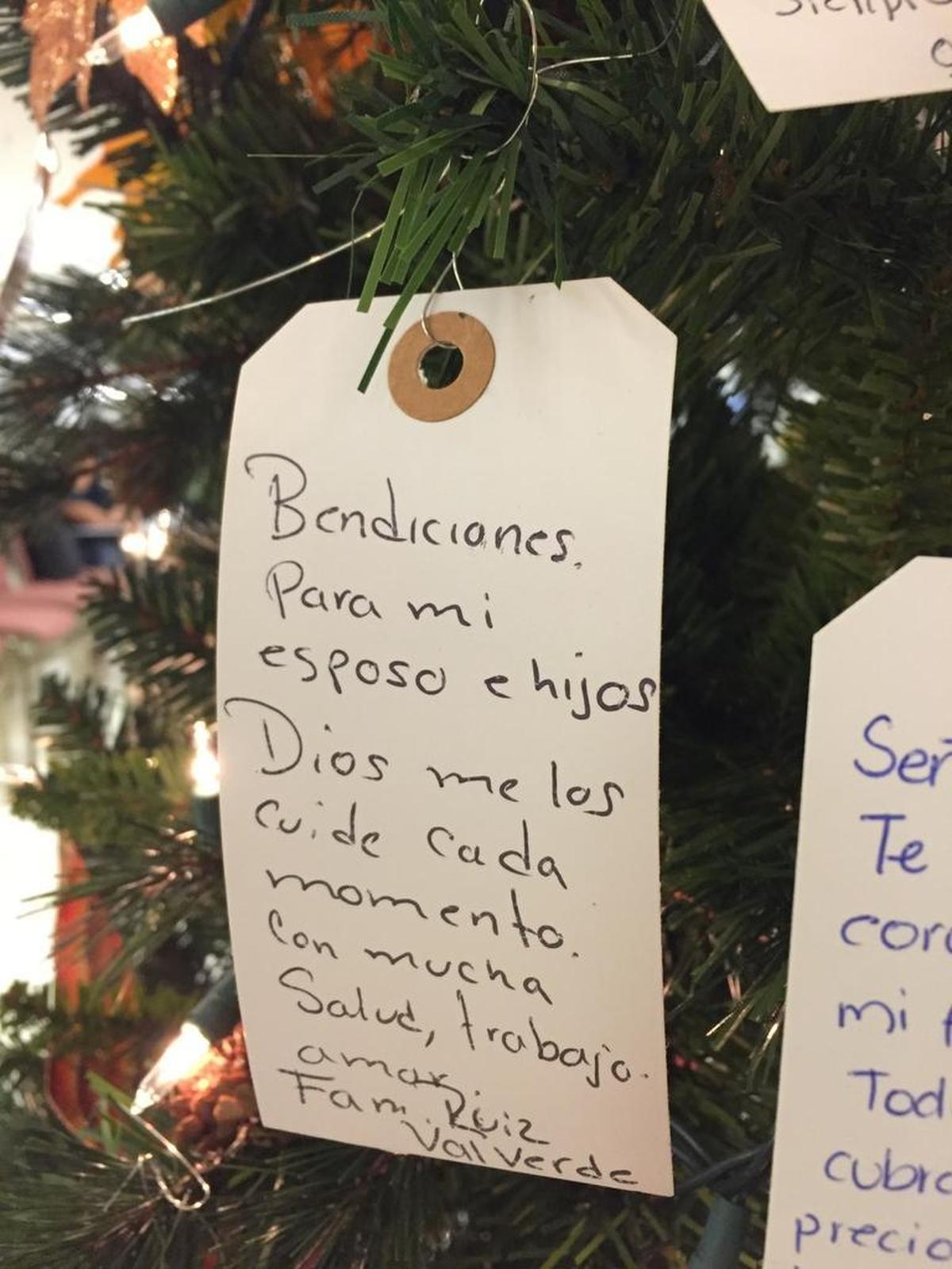A prayer request card written by a parent who came to apply for the Salvation Army Christmas program reads: “Blessings for my husband and children. God, take care of them in every moment with much health, work and love. – Ruiz Valverde family