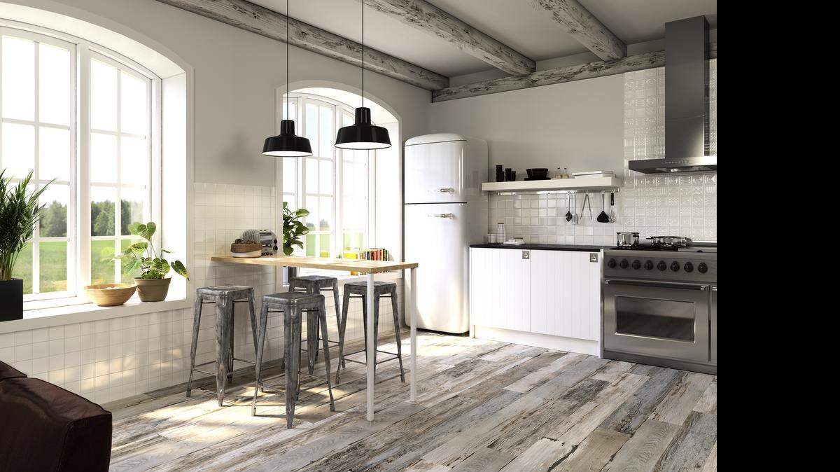 
Spanish manufacturer Argenta was just one manufacturer showing the versatility of the new digitally printed tiles that have the look and feel of real wood floors. 

