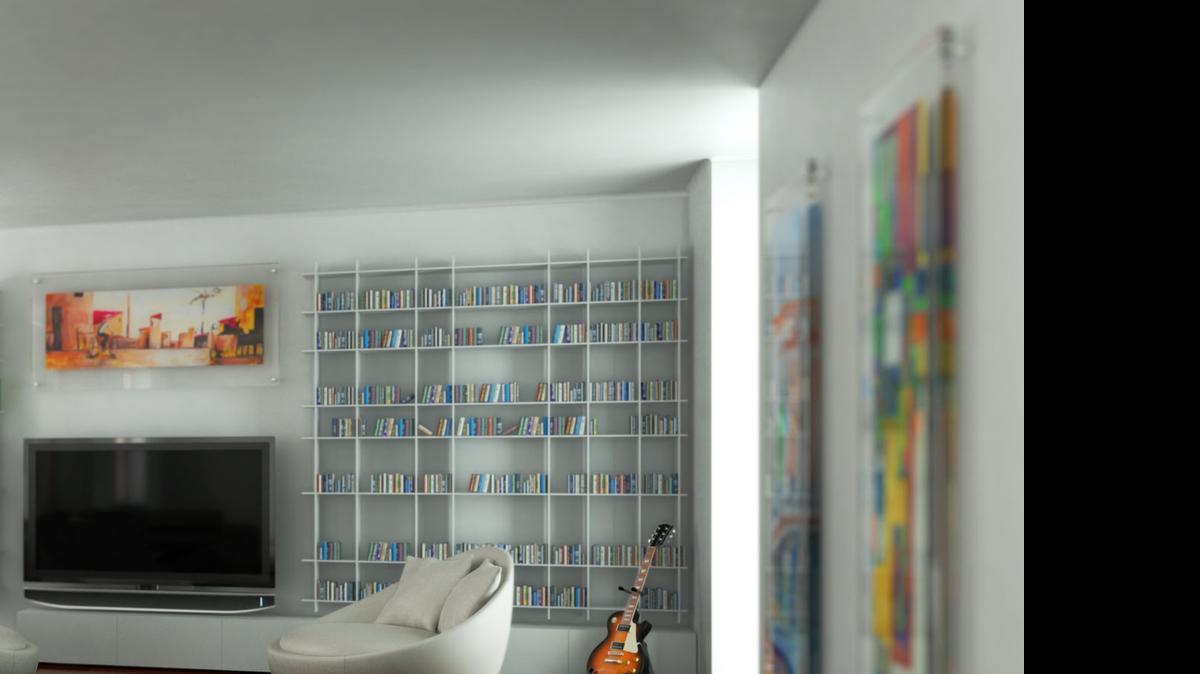 
When decorating the wall around your TV, add texture by installing shelving alongside artwork.
