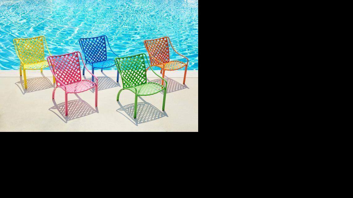 
The Tamiami outdoor collection includes vivid colors with vinyl straps in a cross-lace design.
