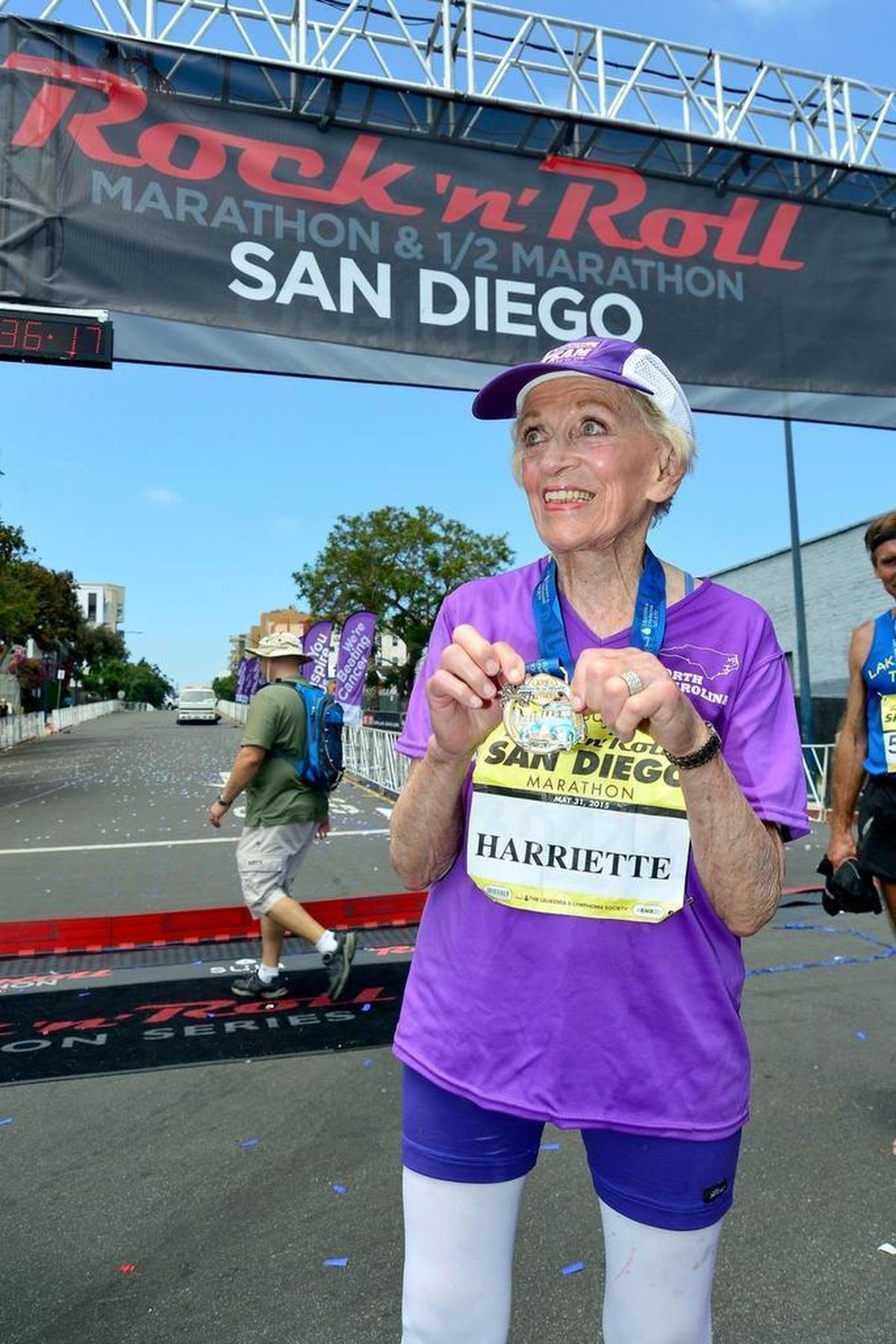 Harriette Thompson, then 92, at the finish line of the Rock ‘n’ Roll San Diego Marathon in 2015.