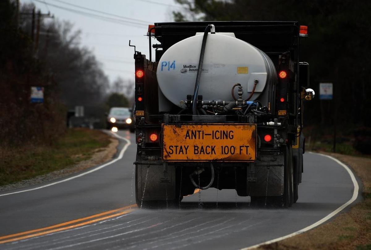 NCDOT uses a brine mixture of water and 23% salt to treat road surfaces before a snow or ice event.