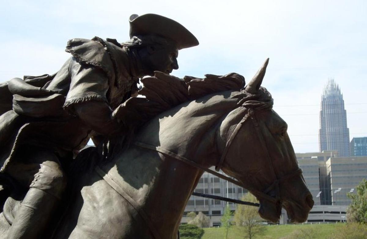 Tradition holds that Captain James Jack, seen in this sculpture at 4th Street and King Drive by Chas Fagan, took the Meck Dec to the Continental Congress from Charlotte in 1775.