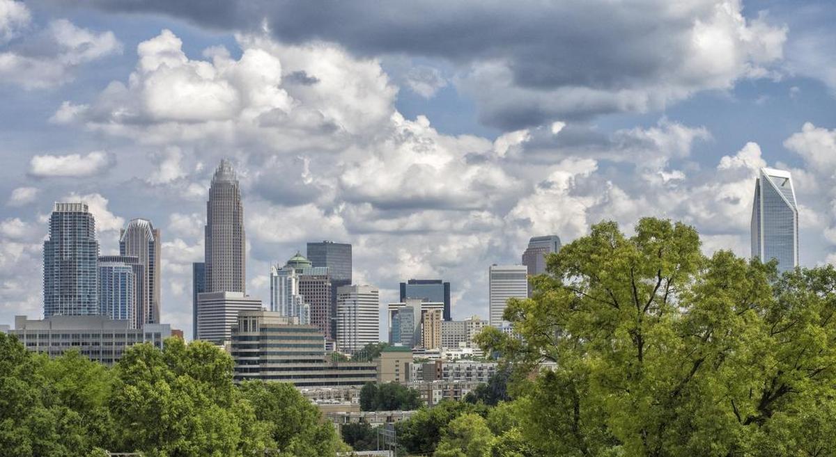 View of uptown Charlotte skyline from atop Mosaic Village at Johnson C. Smith University.