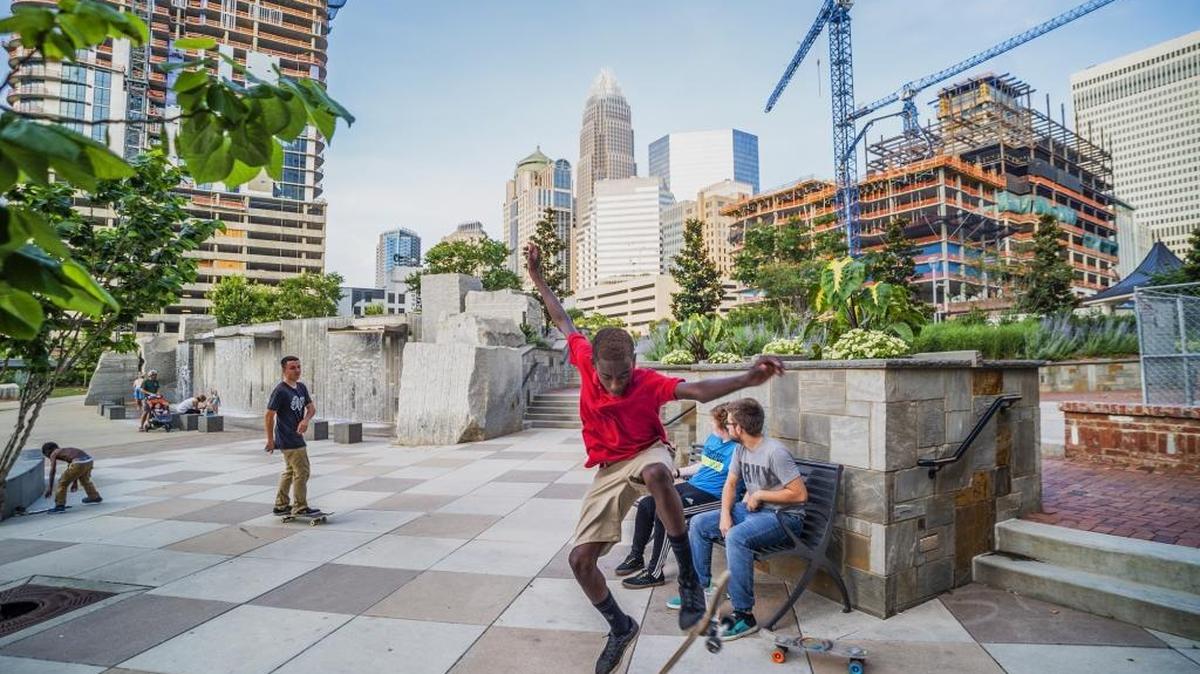 At Romare Bearden Park, you’ll find lots of skateboarders doing their thing.