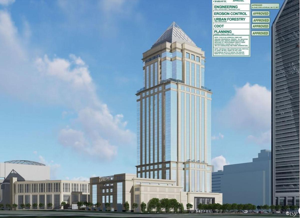 A rendering of the mixed-use site under development at the former Charlotte Observer, which is set to include a 33-story office tower for Bank of America.