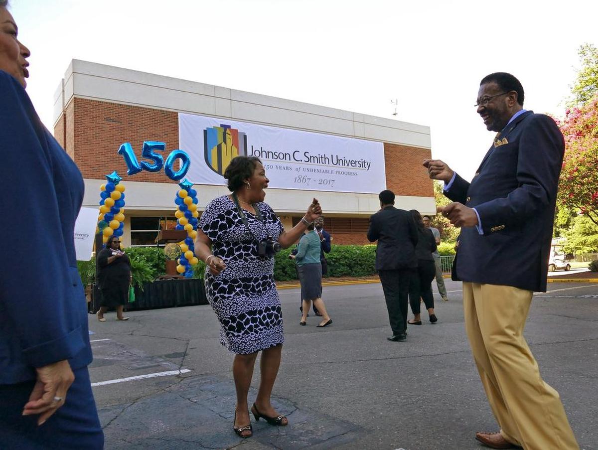 Johnson C. Smith University President Ronald L. Carter celebrates the school’s 150th anniversary in 2016.