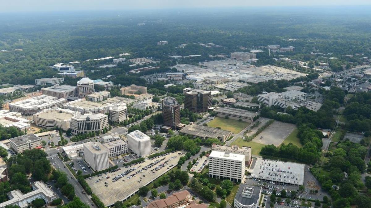 An aerial view of SouthPark. The neighborhood named for a mall offers more than high-end retail.