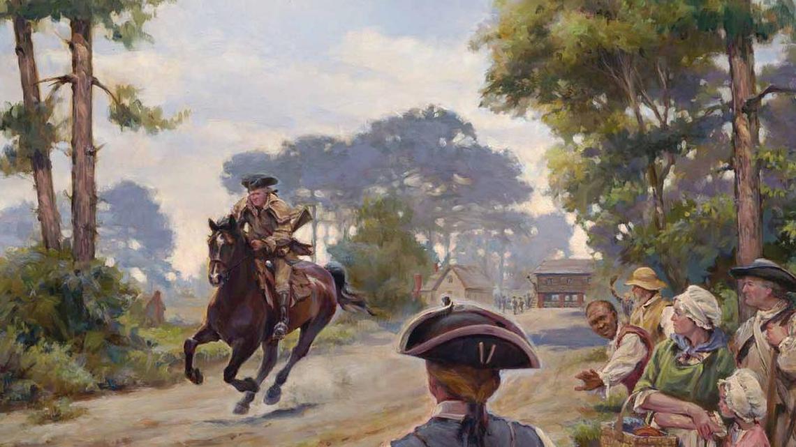 In this painting, Captain James Jack is pictured riding in 1775 from Charlottetown (now Charlotte) to Philadelphia to deliver the Mecklenberg Declaration of Independence to the Continental Congress.