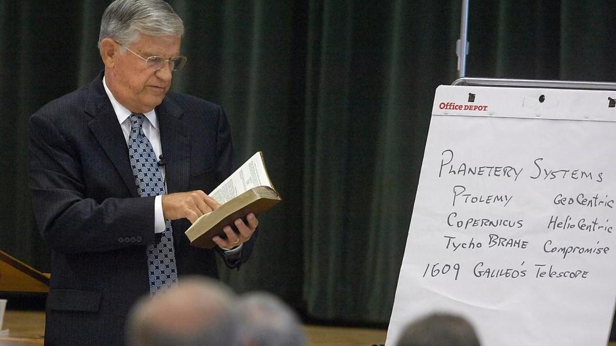 Former N.C. Gov. Jim Martin, shown here in 2009, speaks about science and religion to a Sunday school class at Covenant Presbyterian Church. Martin, a former chemistry professor at Davidson College, discussed Galileo, Darwin, DNA, and religion's relationship with each.