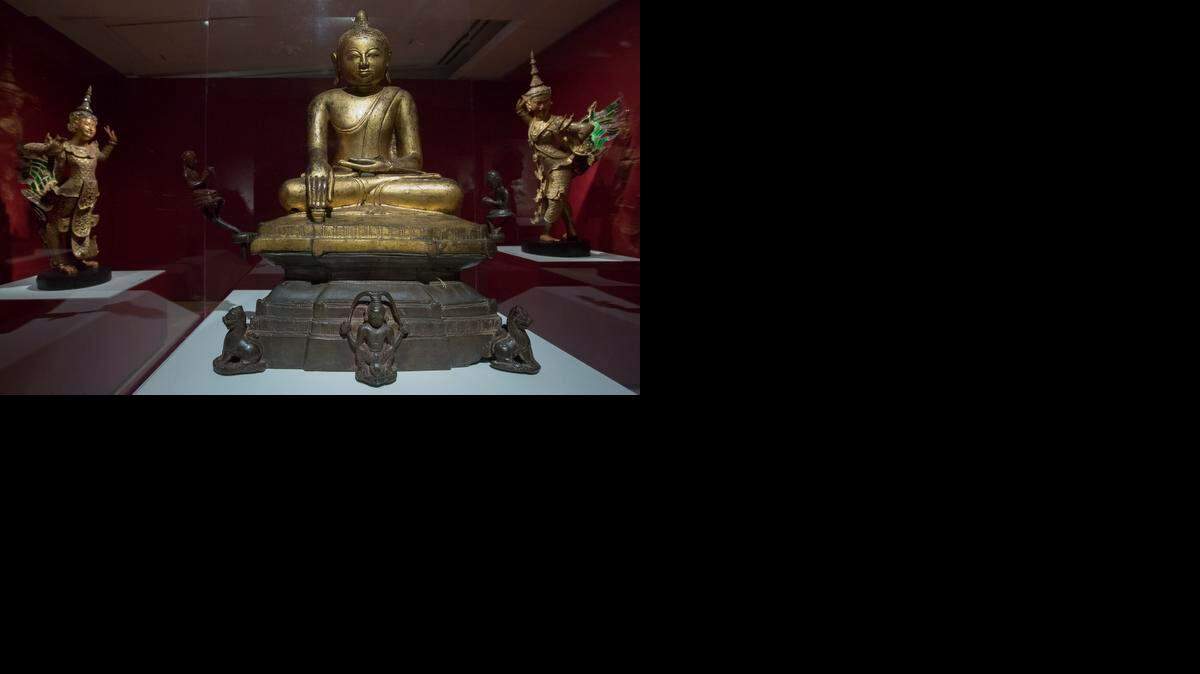 
A statue of Buddha, dated 1628, in bronze and gold leaf, at the "Buddhist Art of Myanmar" exhibit, Asia Society in New York. 
