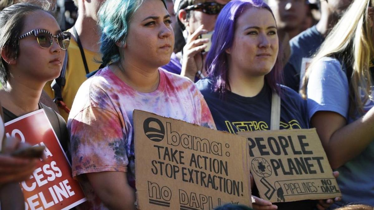 Supporters of the Standing Rock Sioux Tribe attend a rally in opposition of the Dakota Access oil pipeline, during a rally in Lafayette Park near the White House on Sept. 13. The company developing the $3.8 billion Dakota Access pipeline says it is committed to the project, despite strong opposition and a federal order to halt construction near an American Indian reservation in North Dakota.