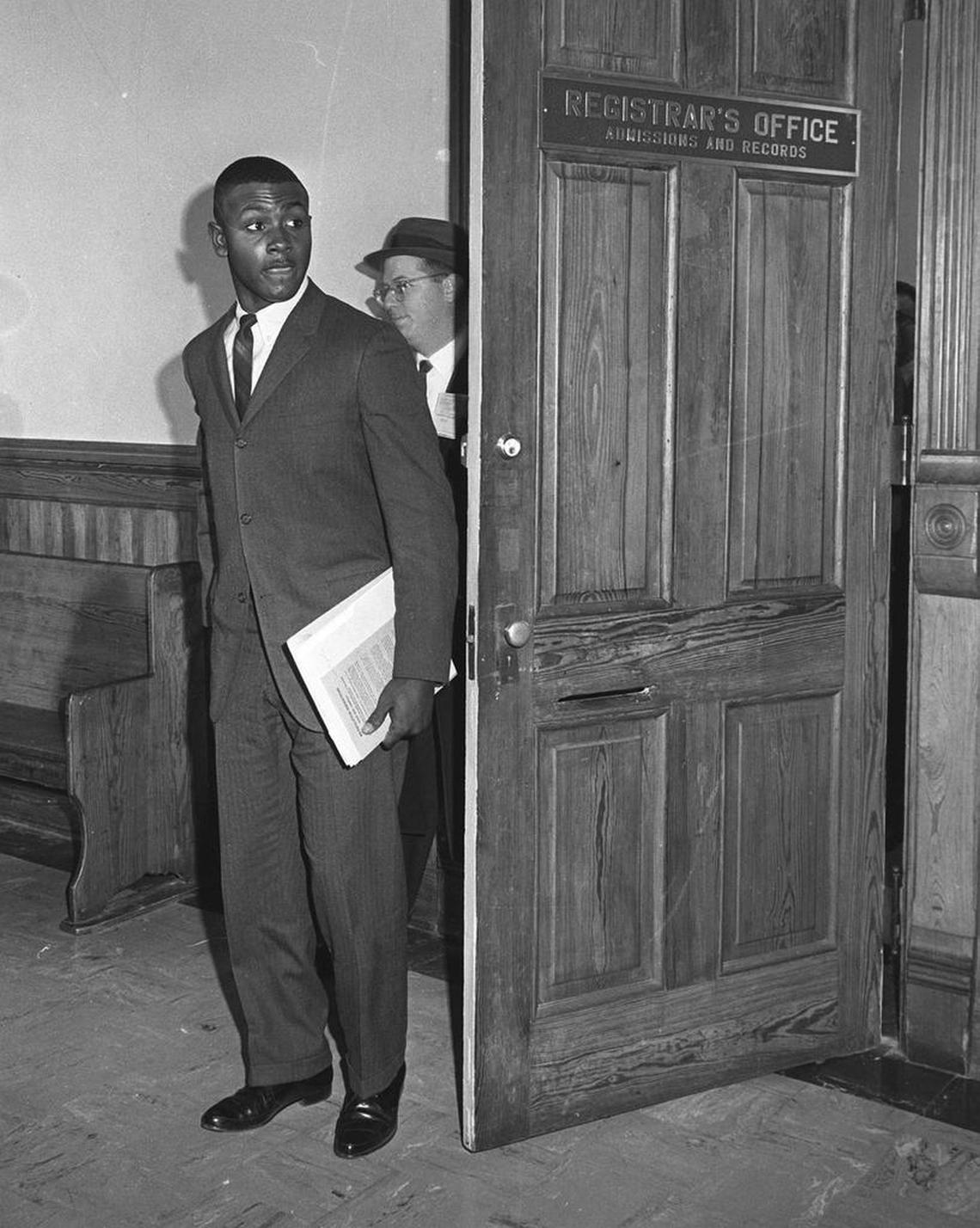 Harvey Gantt leaves the registrar’s office at Clemson College (now Clemson University) in January 1963.