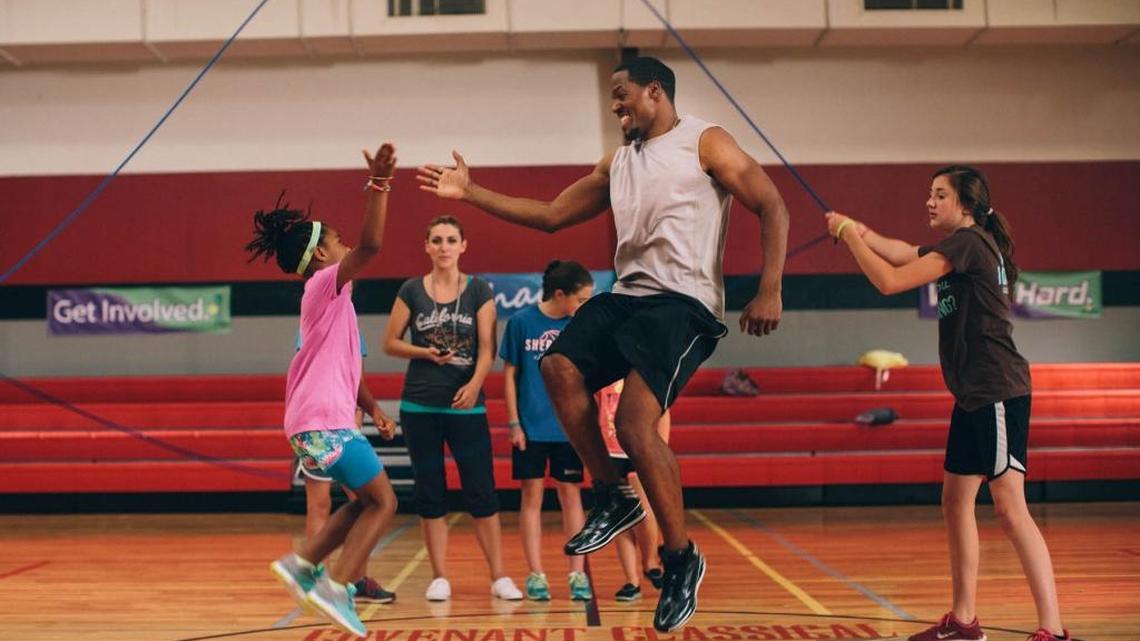 
Actor T.C. Stallings plays a dad who joins his daughter’s jump rope team in this scene shot at Covenant Classical School in Concord.
