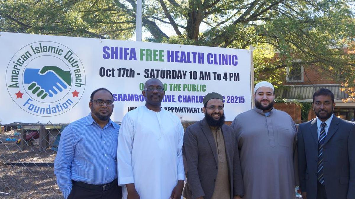 From left, Mahbub Sarkar, director, American Islamic Outreach Foundation; Abraham Kamara, Imam Masjid Qiblatain; Atif Chaudhry, Imam of Islamic Society of Greater Charlotte; Osamah Salhia, Imam of Muslim American Society of Charlotte; and Aslam Tawhid, director, American Islamic Outreach Foundation. Called the “Shifa” clinic after the Arabic word for healing, this clinic was established with the recognition that our health care system leaves many people without access to care. Muslims consider it part of their religious duty to provide care to those who need it. The Muslim American Society plans to hold the clinic at least once a month in various areas of Charlotte.