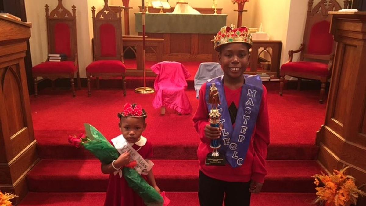 Little Miss Adrianna Stewart, from left, daughter of Chelsea Stewart and Adrian McWilliams; and Little Master Jabari Byrd, son of Deborah Reid and Larry Byrd were the winners of the Little Miss and Little Master Contest held Nov. 14 and sponsored by the church youth groups. Other participants were Tiana Stevenson, Kyana Wood, Jabari Byrd, Jaquan Ford, Chaz Knox and Jarvis Wright. Funds raised from the event will be used by the youth ministry for church and community activities.
