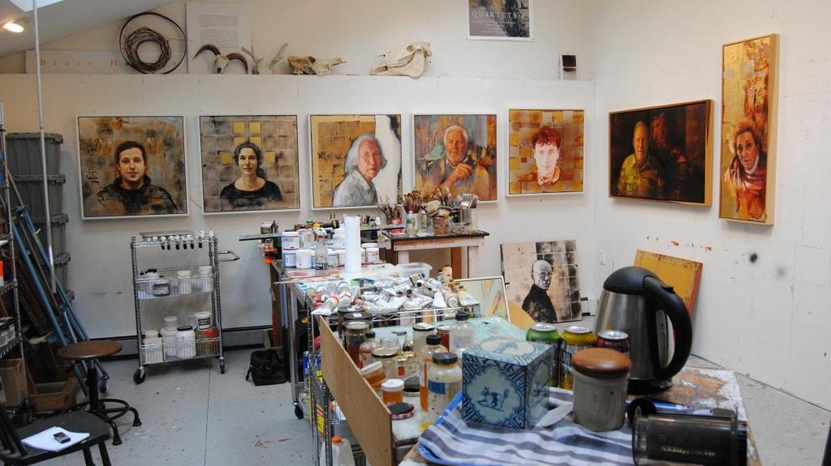 "Ordinary Saints" adorn the walls of Bruce Herman's artist studio in Gloucester, Mass.