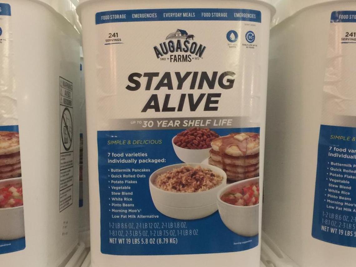 “Staying Alive” is among the buckets of emergency food available from “The Jim Bakker Show” for a donation. Inside: 241 servings of buttermilk pancakes, potato flakes, vegetable stew blend, Morning Moo’s low fat milk alternative and more.