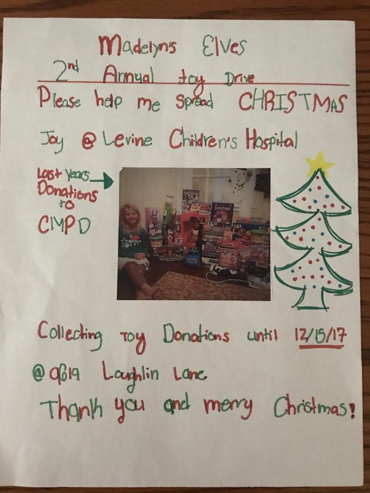 Madelyn Huffman, 9, put this flier in about 200 mailboxes in her neighborhood in Charlotte’s Steele Creek area. She collected nearly 100 toys.