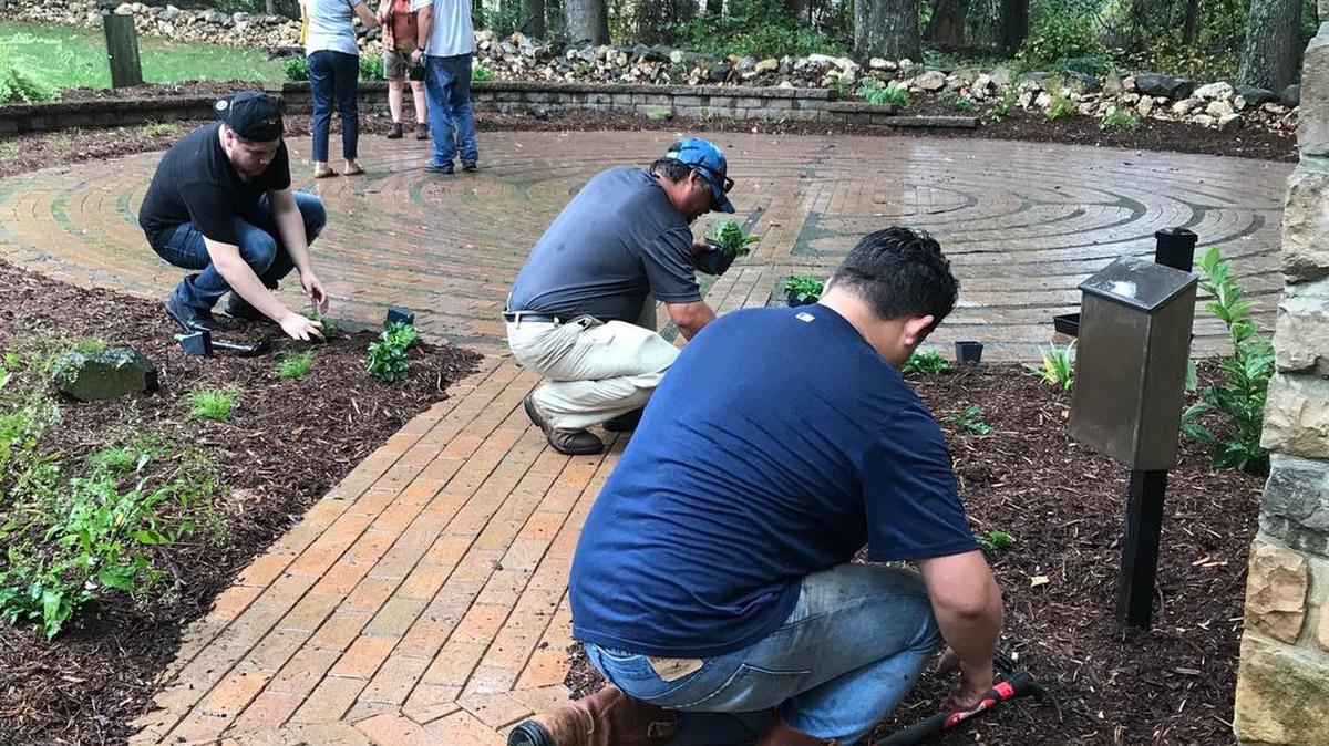 Workers install the final plants for the woodland garden that surrounds the legacy labyrinth.