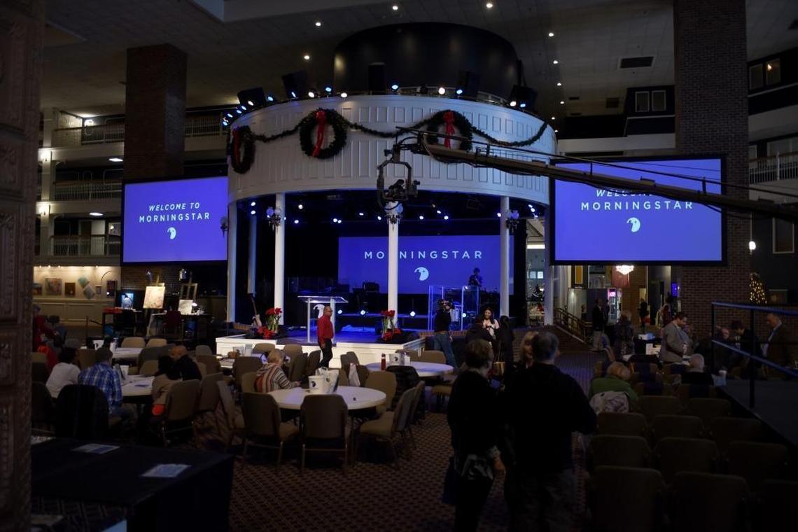 MorningStar Fellowship Church holds its worship services in the atrium of what used to be PTL’s Heritage Grand Hotel.