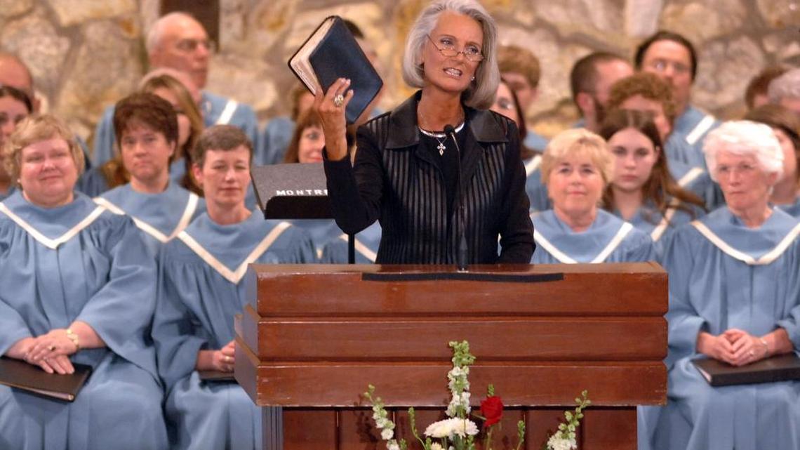 Anne Graham Lotz reads from her mother’s Bible during the funeral for Ruth Graham in Anderson Auditorium in 2007 in Montreat.
