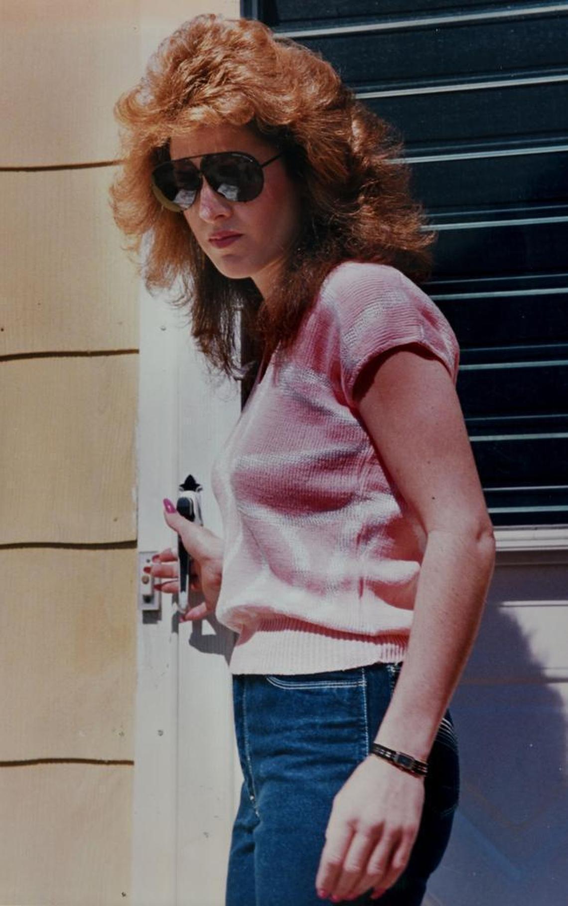 Jessica Hahn, who was in seclusion when the story about her 1980 sexual encounter with Jim Bakker became news in 1987, steps outside the door of a friend's home in West Babylon, Long Island N.Y.