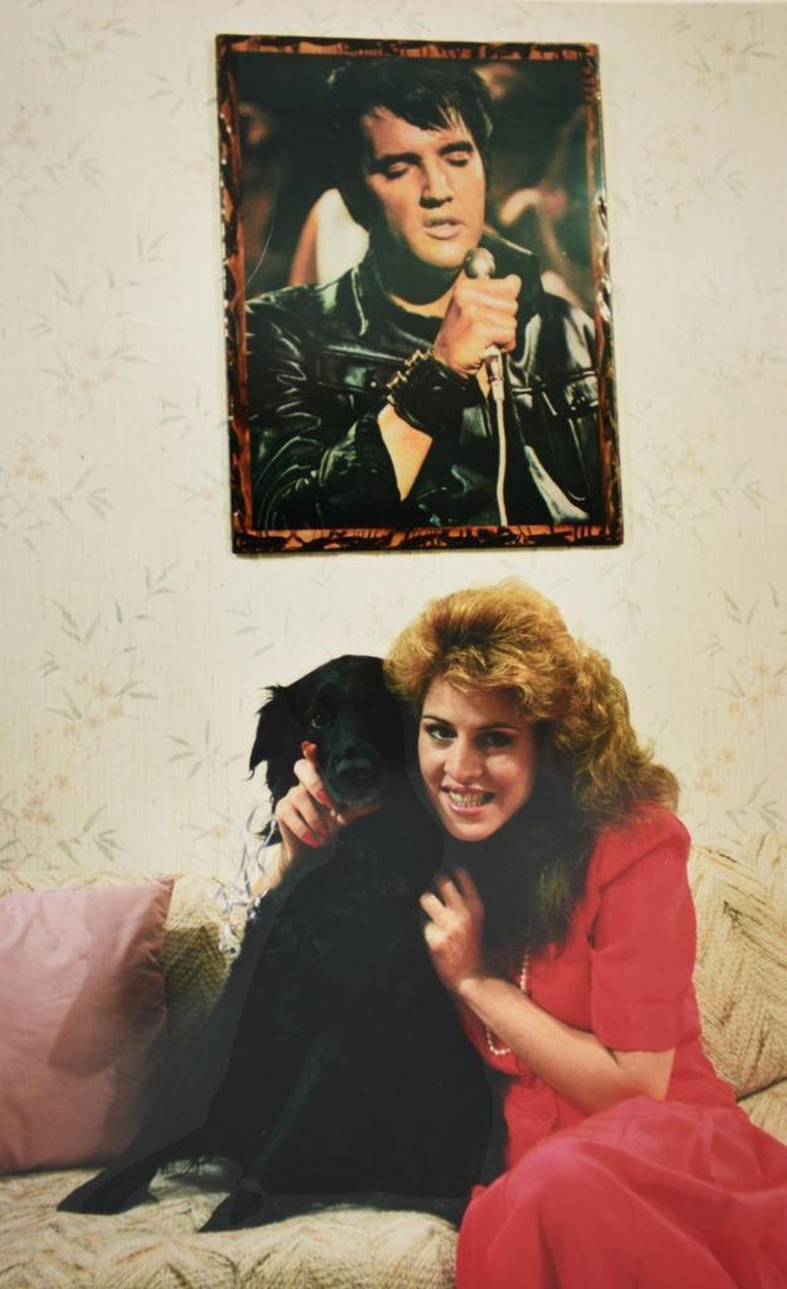 Jessica Hahn and her dog Missy in her apartment in West Babylon, N.Y. in May 1987, at a private photo shoot with the Observer. At the time, she was the focus of constant media attention because of revelations about her sexual encounter with televangelist Jim Bakker of PTL.