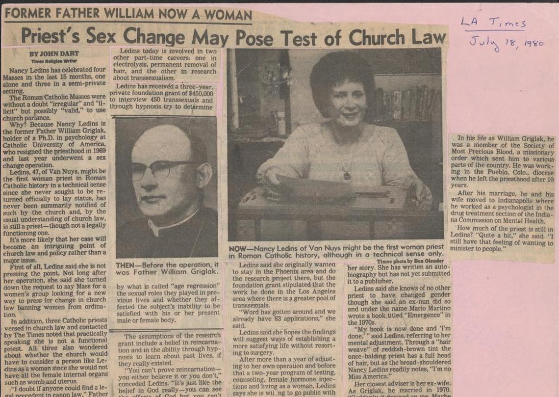 In 1980, the Los Angeles Times interviewed Nancy Ledins and told her story. The article’s focus was on whether she was still a priest in the Roman Catholic Church.