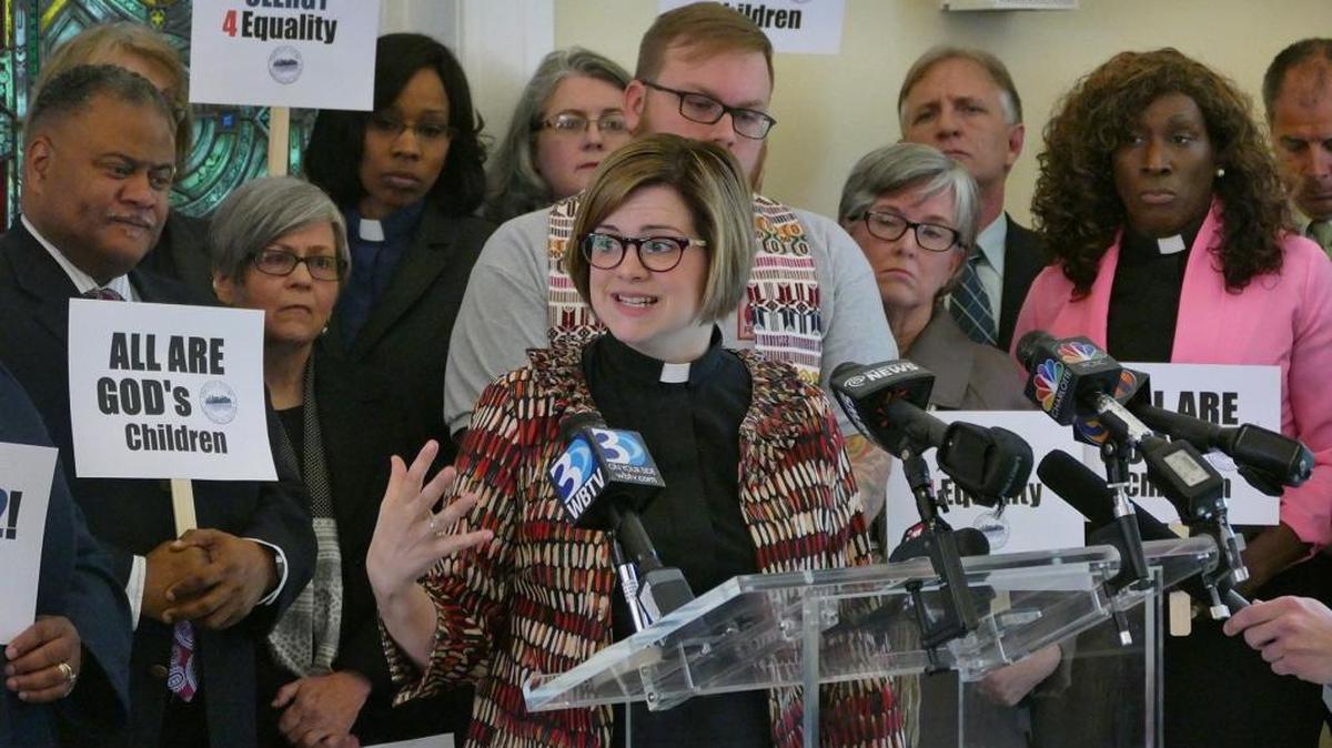 Rev. Robin Tanner stands with other Charlotte area clergy and supporters from several faith traditions who are pledging to do what they can to overturn North Carolina's controversial new law limiting legal protection for LGBT persons at an interfaith coalition of clergy news congorence at Union Presbyterian Seminary, Tuesday, April 05, 2016. The same group will lead an interfaith gathering at 4 p.m. Sunday (April 24) at Myers Park Baptist Church.